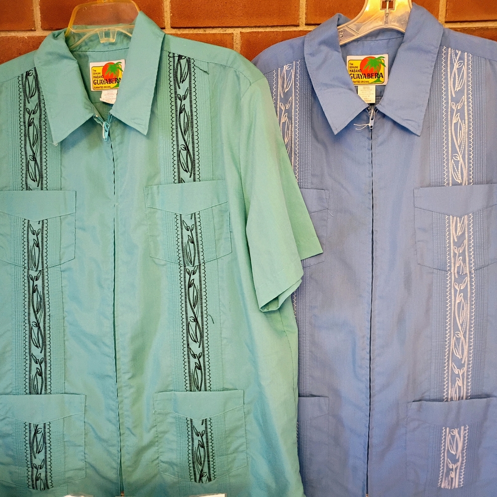 Pair of Embroidered Guayabera Shirts in Mint Green and Periwinkle Blue